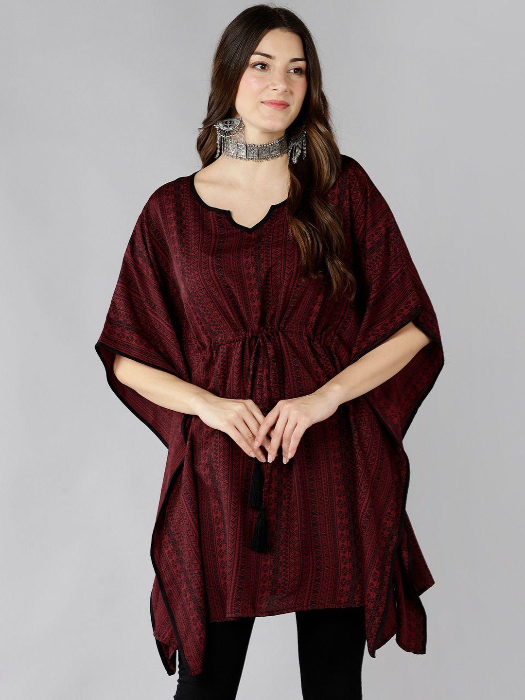 znx clothing women maroon printed flared sleeves crepe kaftan kurta