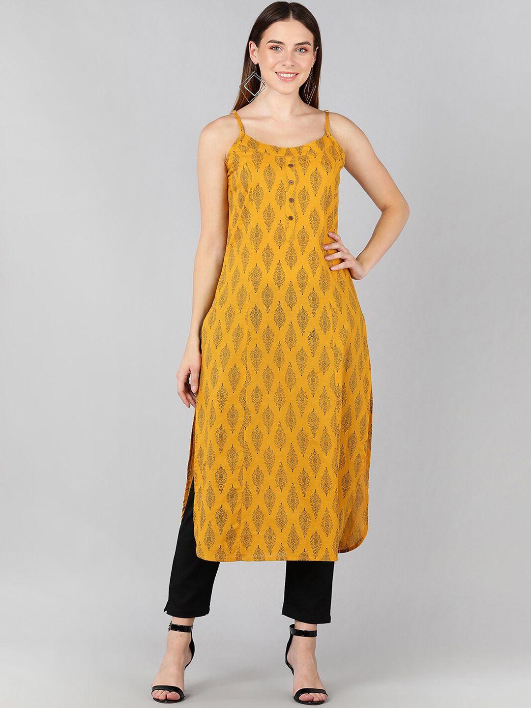 znx clothing women mustard yellow & black ethnic motifs printed kurta