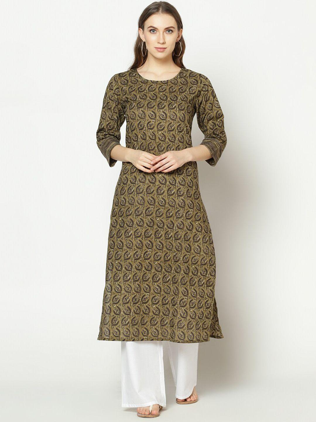 znx clothing women olive green ethnic motifs printed kurta