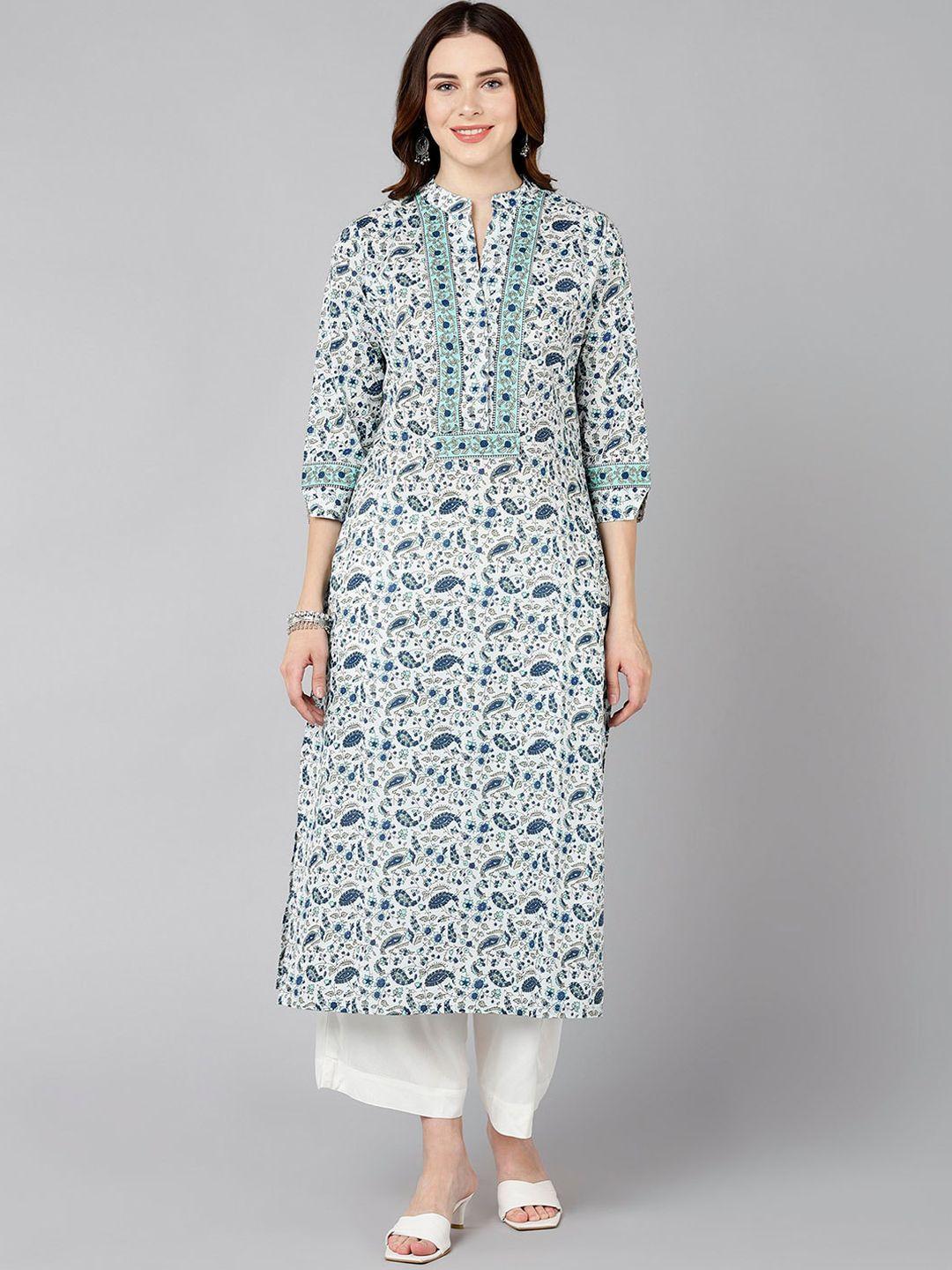 znx clothing women white & sea green ethnic motifs printed cotton a-line kurta