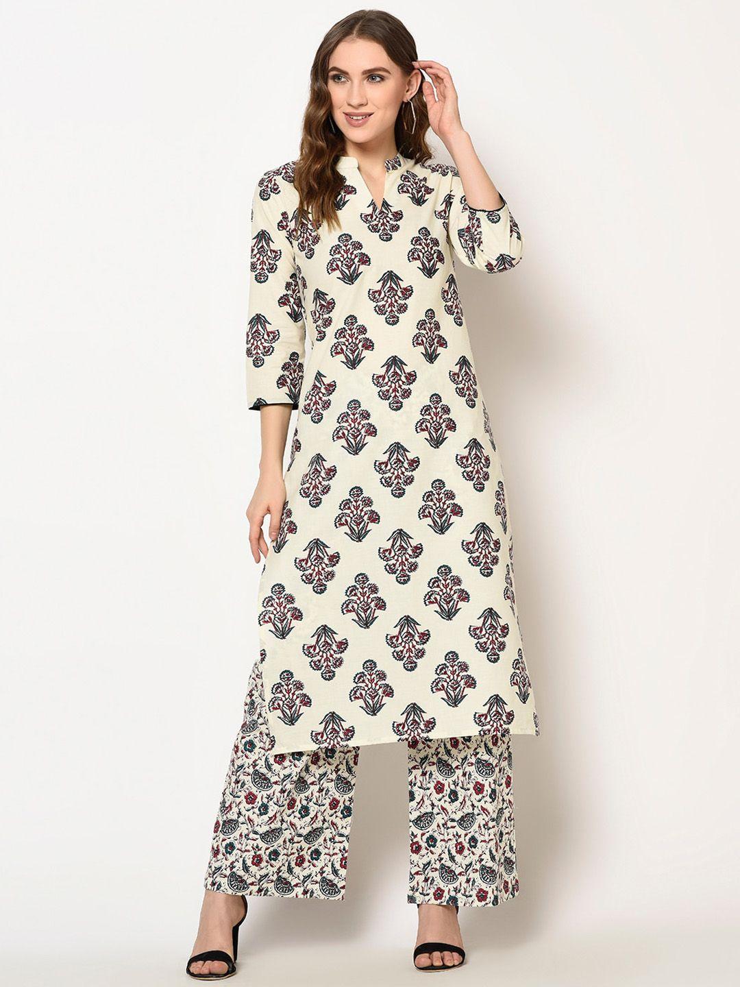 znx clothing women white floral printed pure cotton kurta set