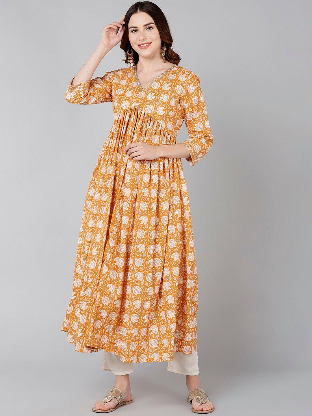 znx clothing women yellow & white floral printed anarkali kurta
