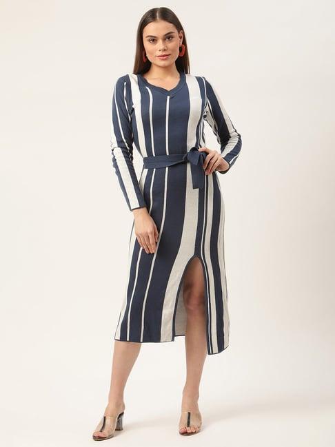 zoella blue & white striped below knee a-line sweater dress