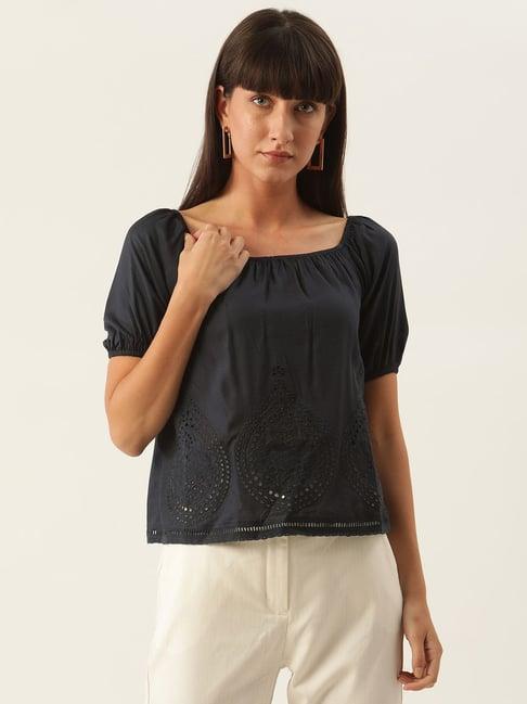 zoella navy embroidered top