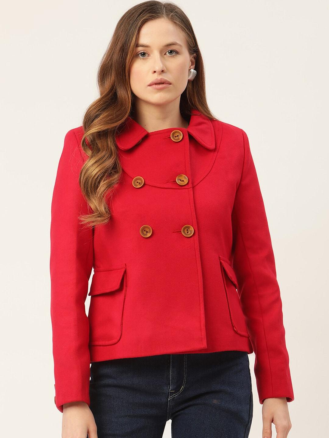 zoella women red regular fit solid overcoat