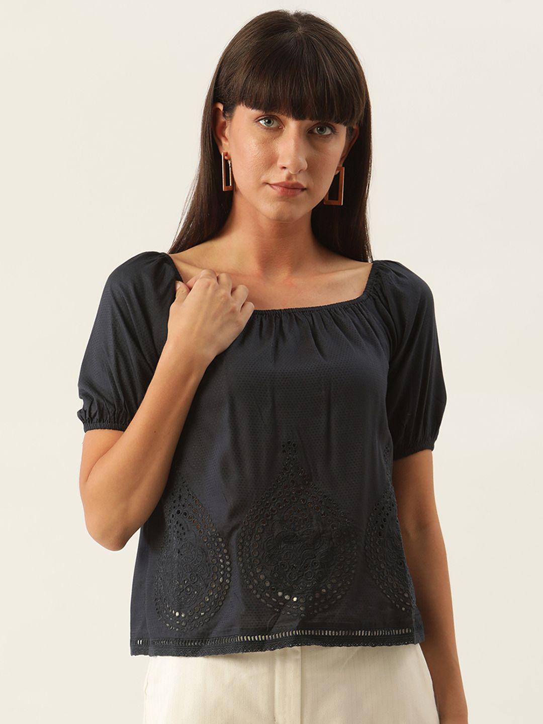 zoella navy blue embroidered off-shoulder bardot top