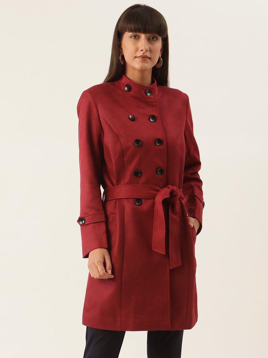 zoella women maroon solid double-breasted knee-length trench coat