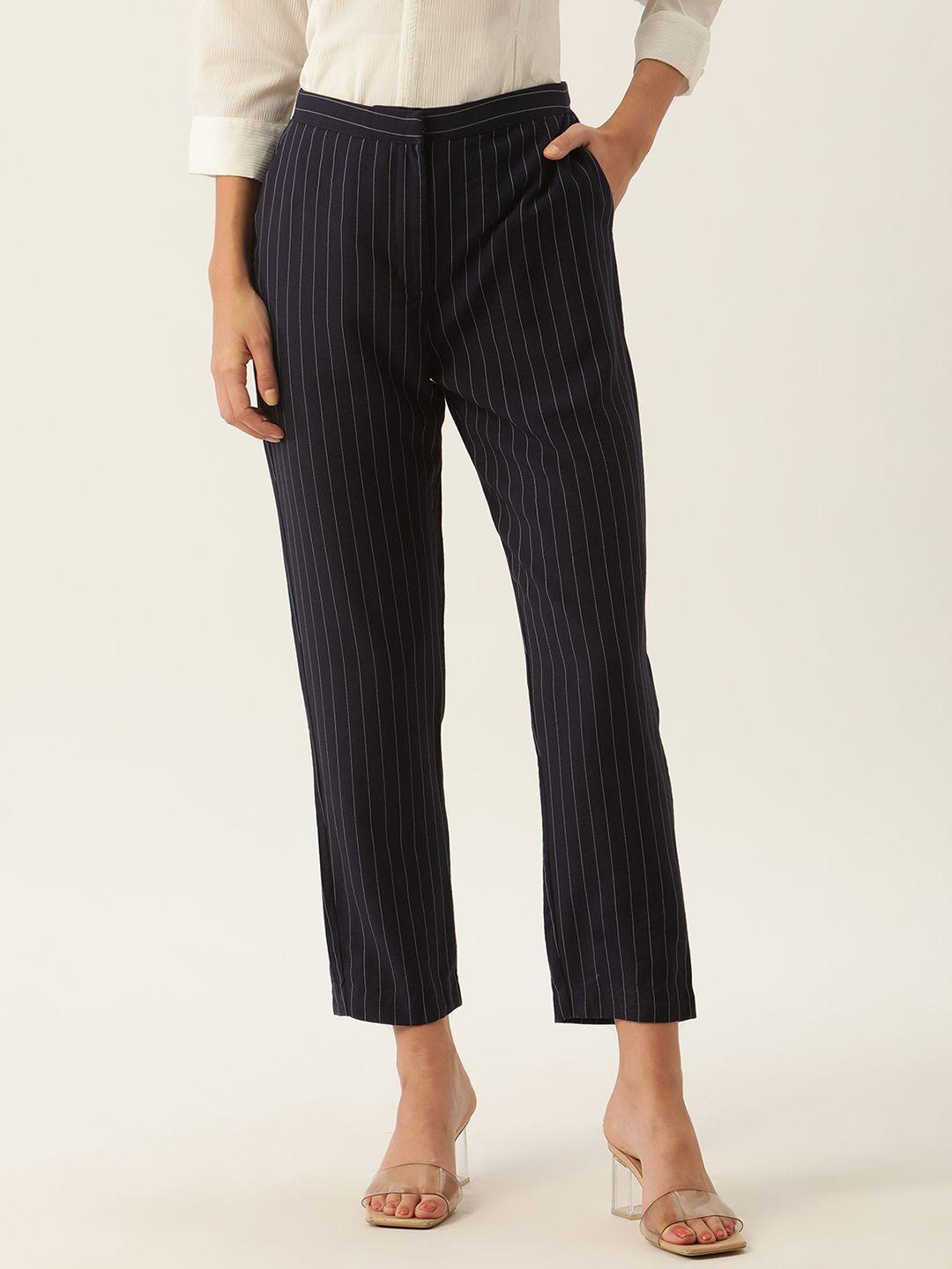 zoella women navy blue regular fit striped regular trousers
