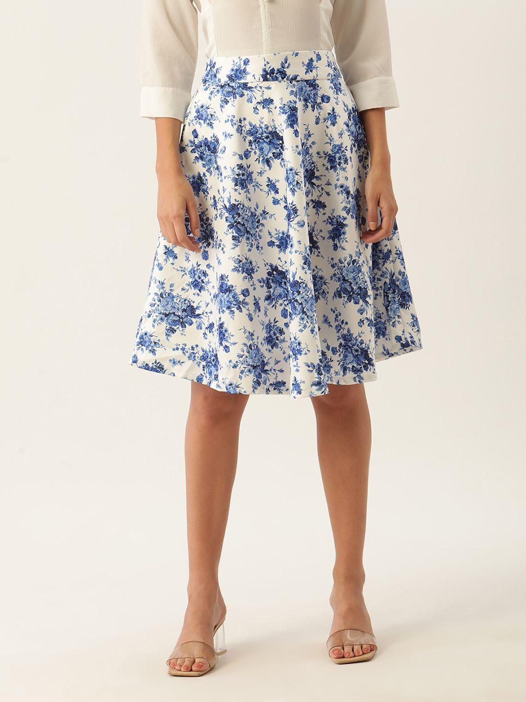 zoella women white & blue printed a-line knee-length skirt