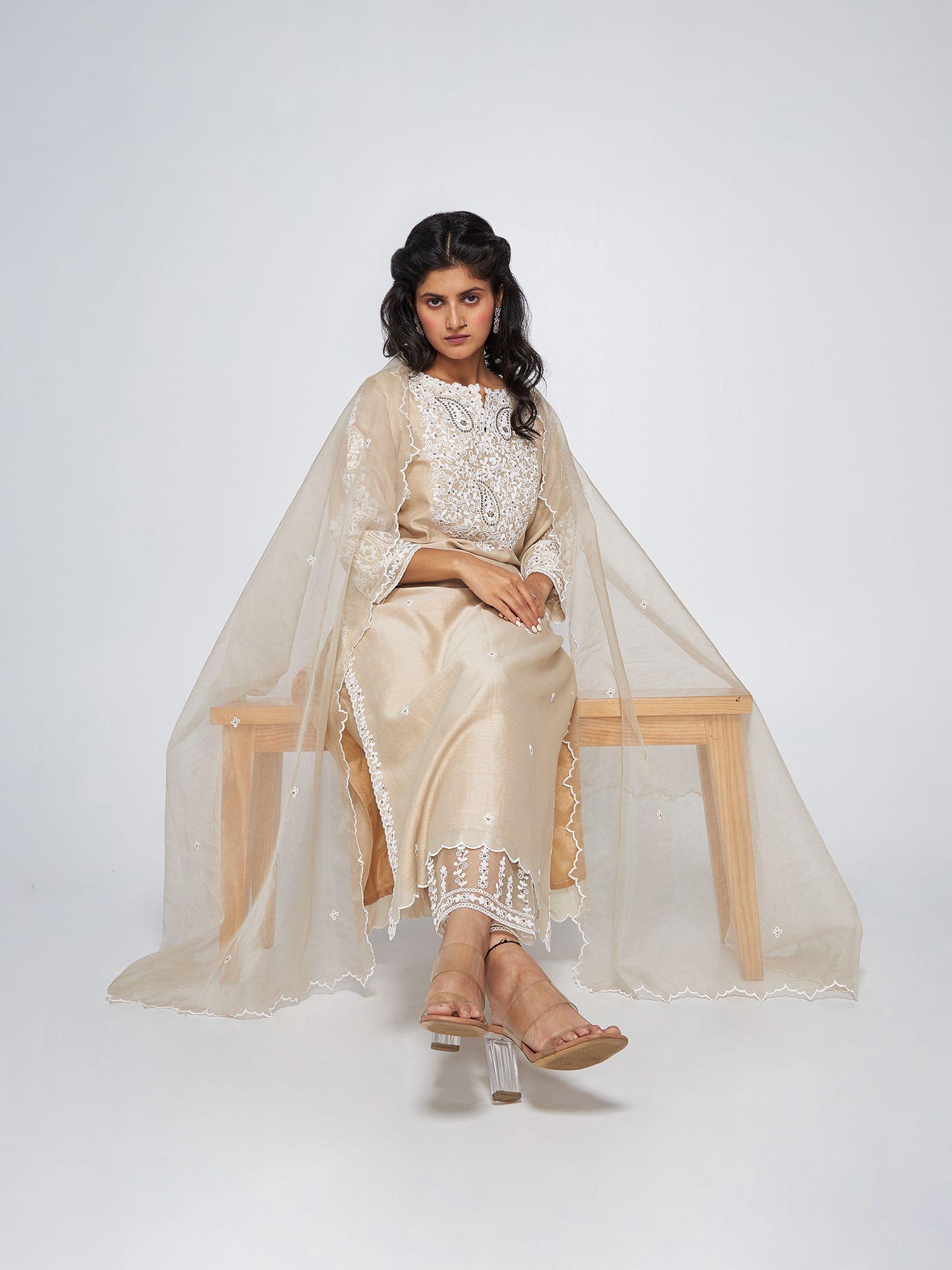 zoey beige chanderi embroidered kurta with pants and organza dupatta (set of 3)