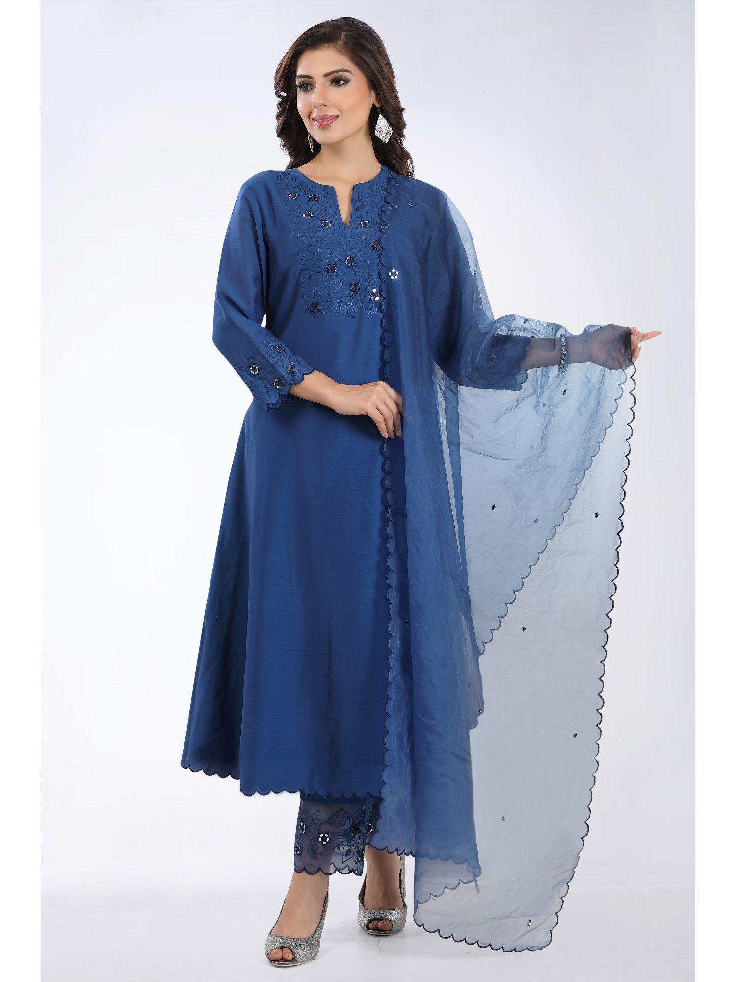 zohra navy blue embroidered kurta and pant with organza dupatta (set of 3)