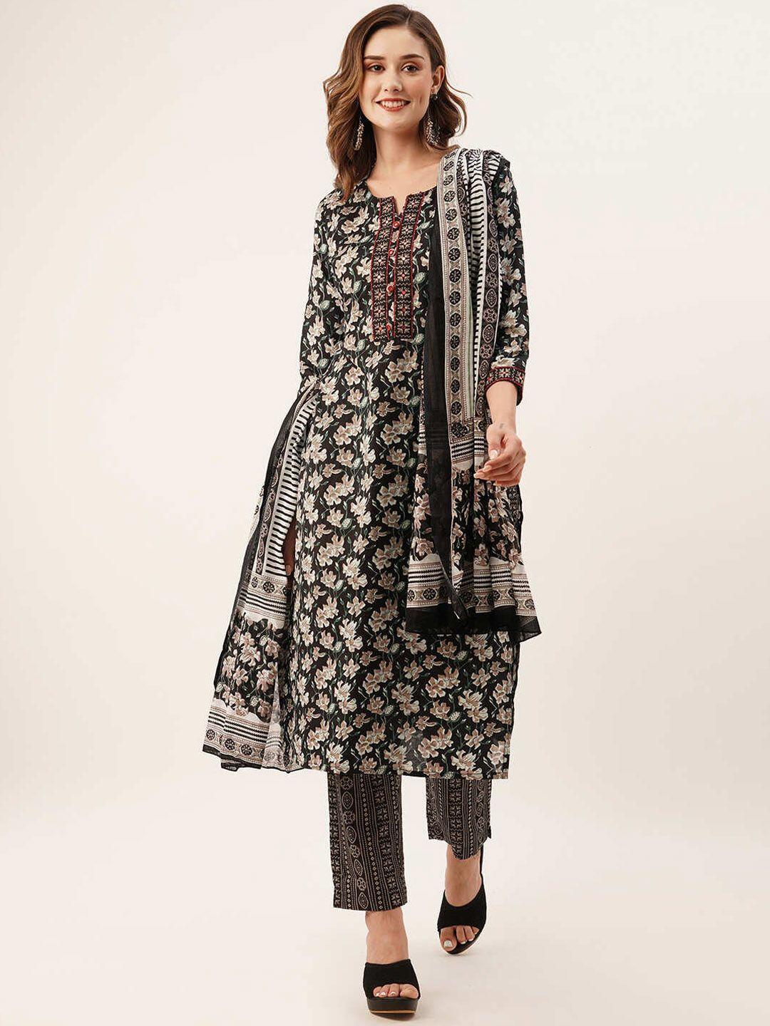 zola black floral printed regular pure cotton kurti with trousers & with dupatta