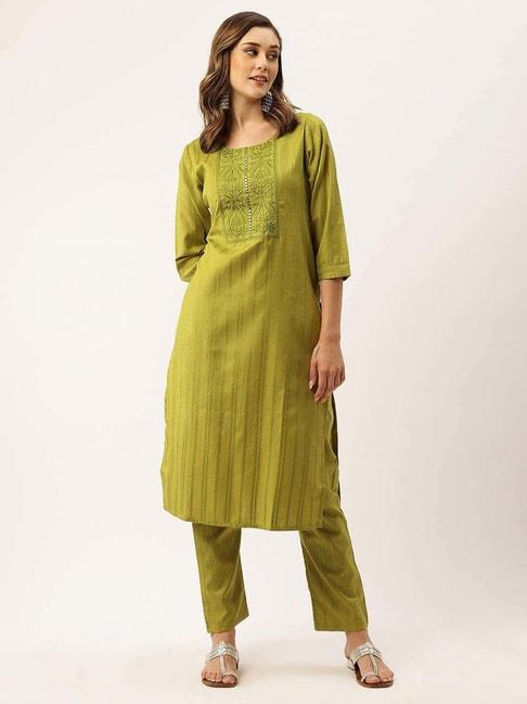 zola green cotton embroidered kurta pant set