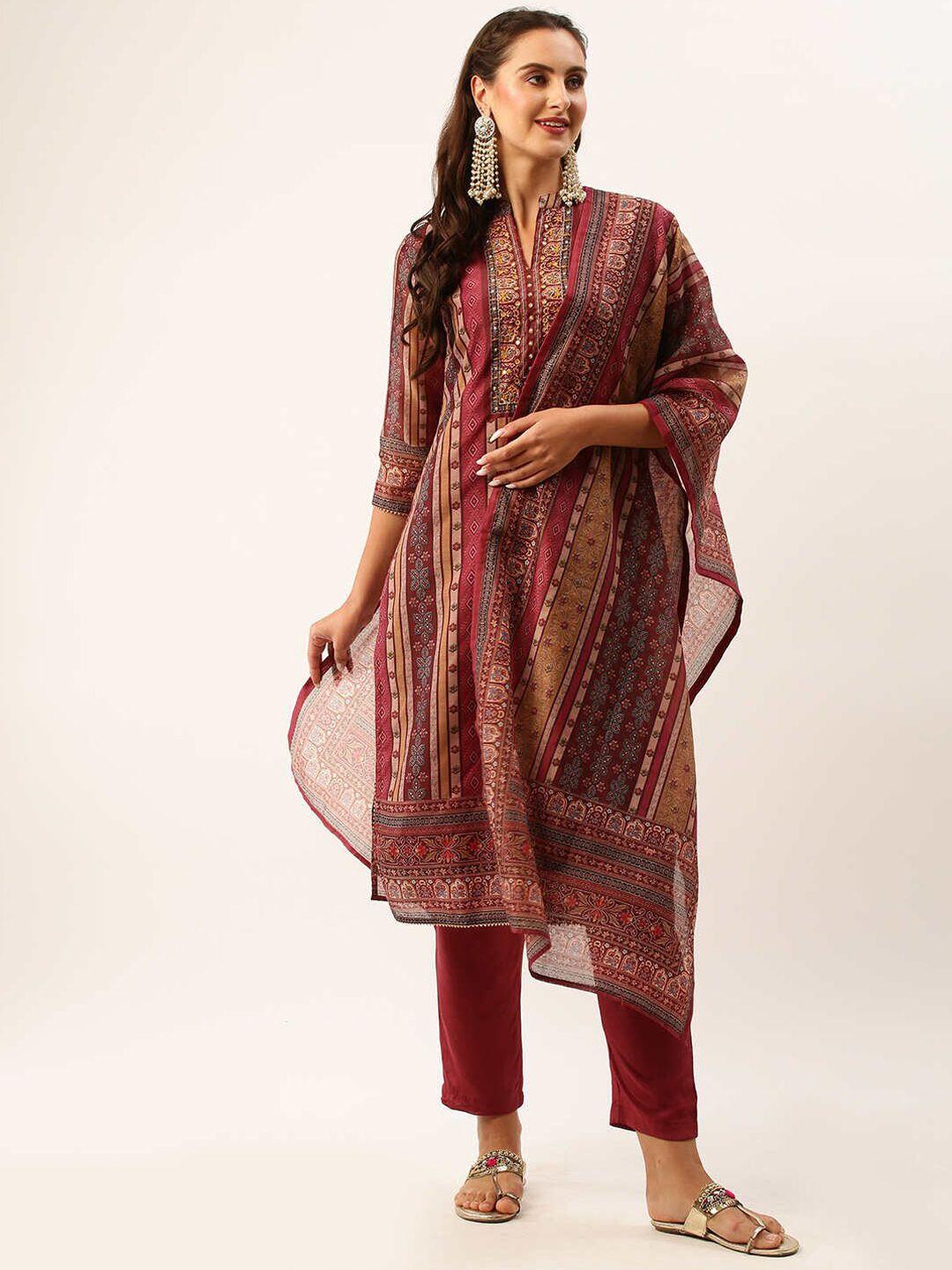 zola grey ethnic motifs printed chanderi silk kurta with trousers & dupatta