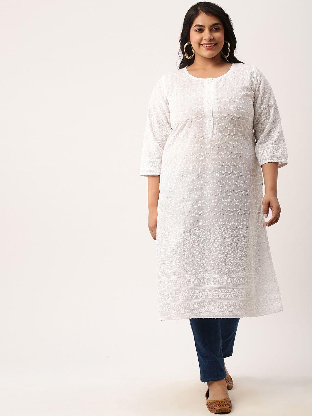zola plus size floral embroidered chikankari round neck regular fit pure cotton kurta