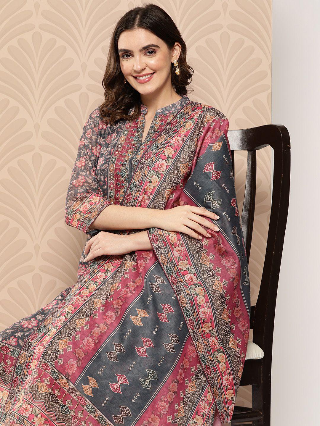 zola women floral printed regular chanderi silk kurta with trousers & with dupatta