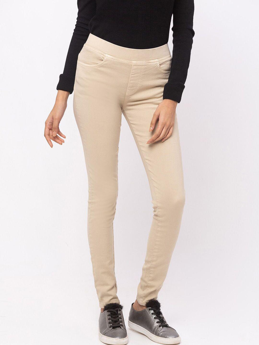 zola women khaki solid cotton relaxed-fit jeggings