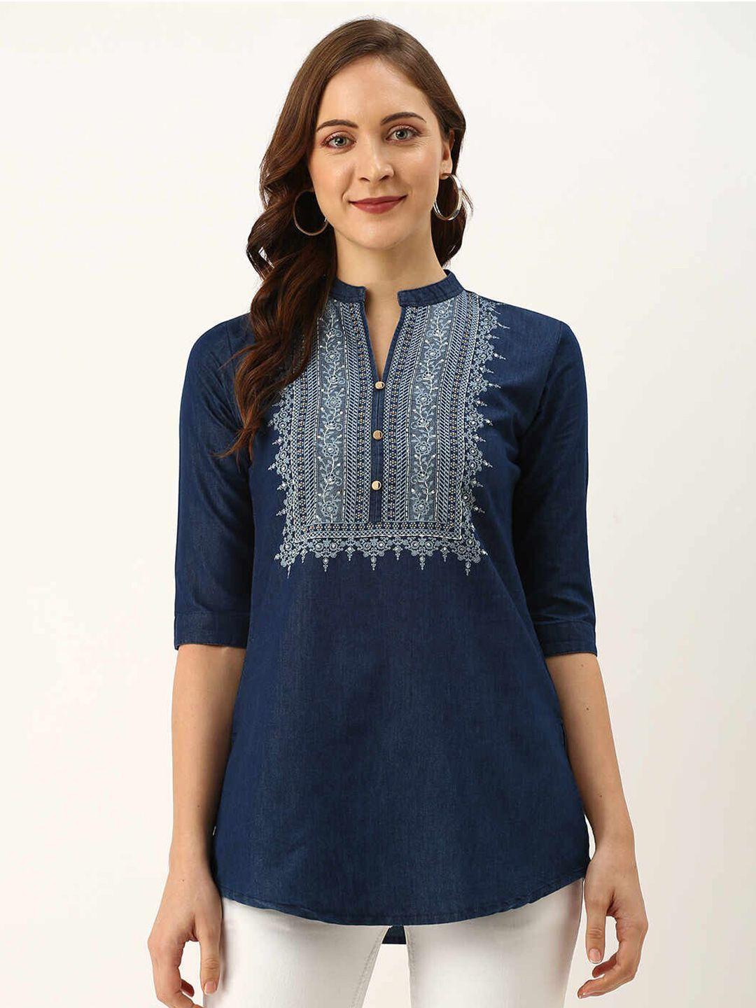 zola-women-navy-blue-&-white-mandarin-collar-printed-cotton-tunic