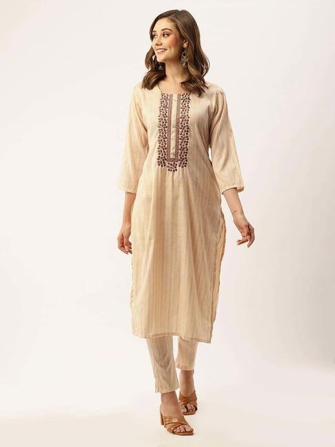 zola beige embroidered kurta pant set