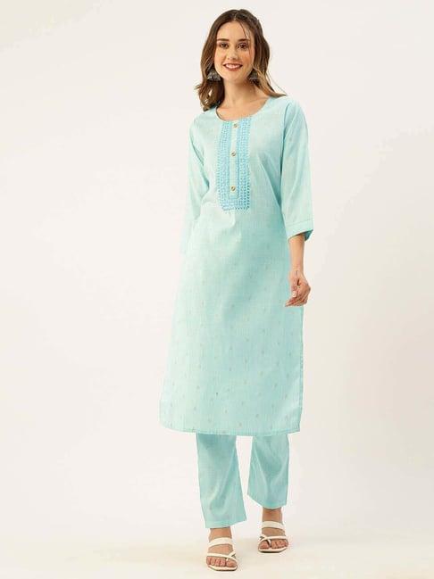 zola blue cotton embroidered kurta pant set