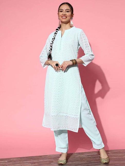 zola blue embroidered kurta pant set