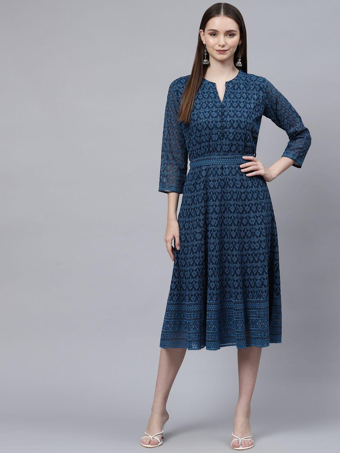 zola blue ethnic motifs embroidered knee length fit & flare dress