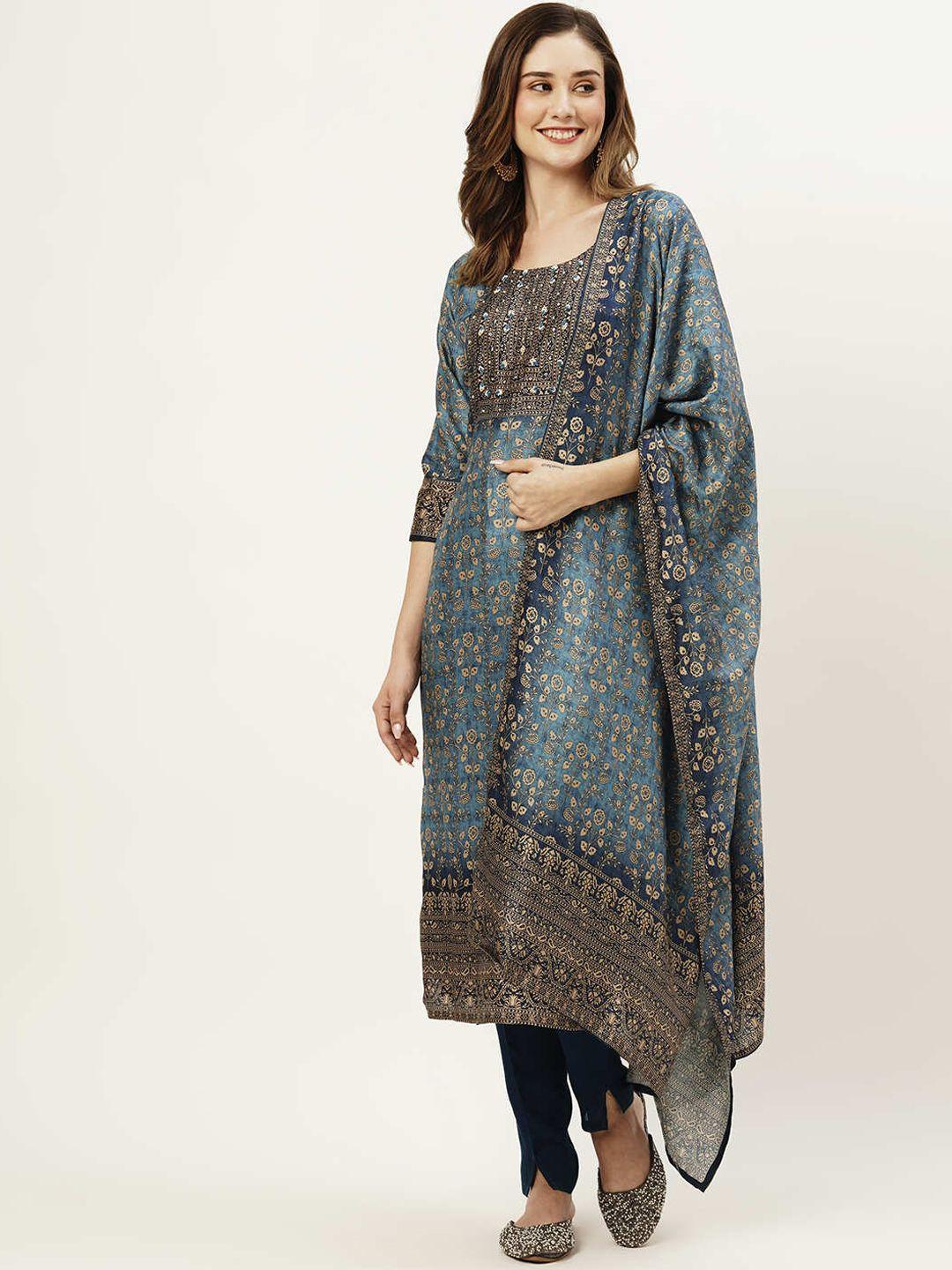 zola blue floral printed kurta & trousers with dupatta