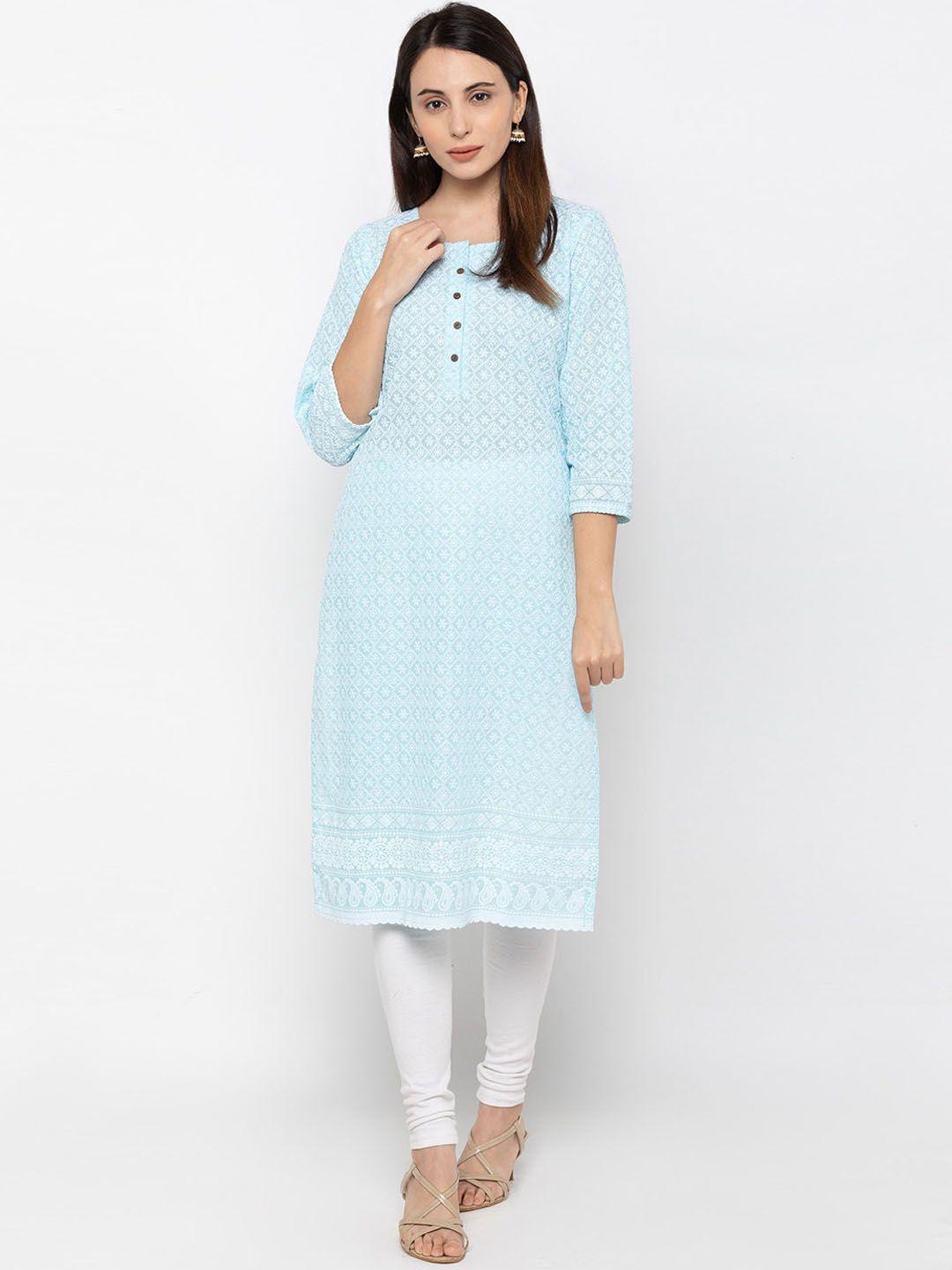 zola ethnic motifs chikankari embroidered cotton straight kurta