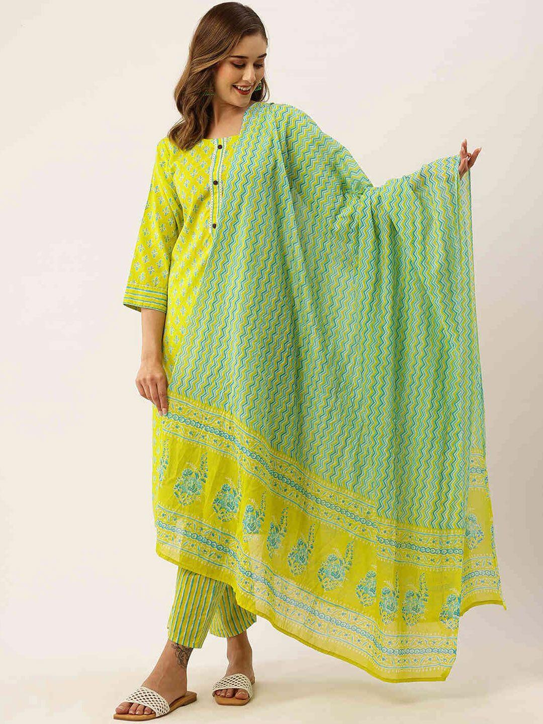 zola ethnic motifs printed regular pure cotton kurta with trousers & with dupatta
