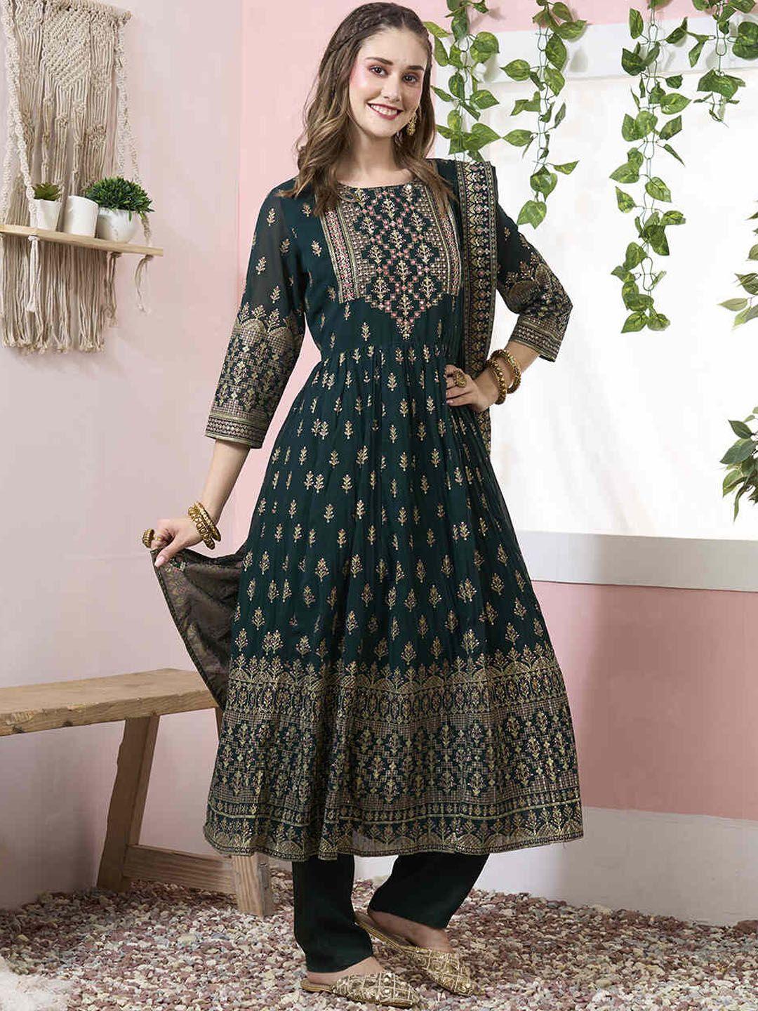 zola ethnic motifs printed thread work regular a-line kurta with trousers & dupatta