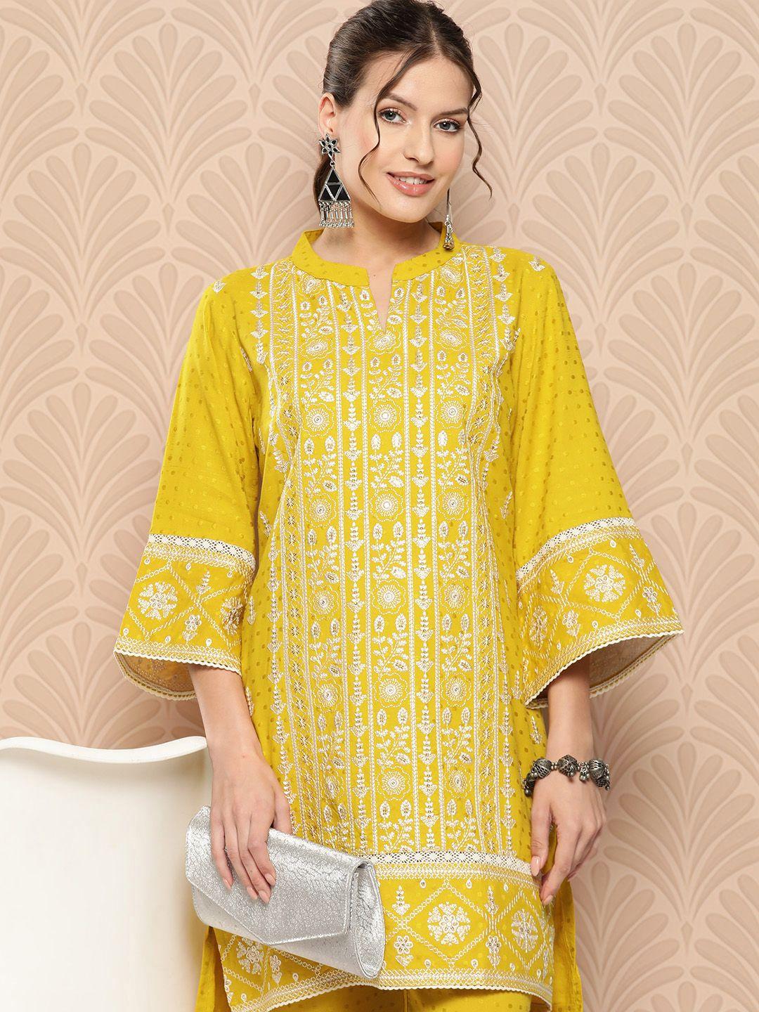 zola floral embroidered flared sleeves zari kurti with trousers