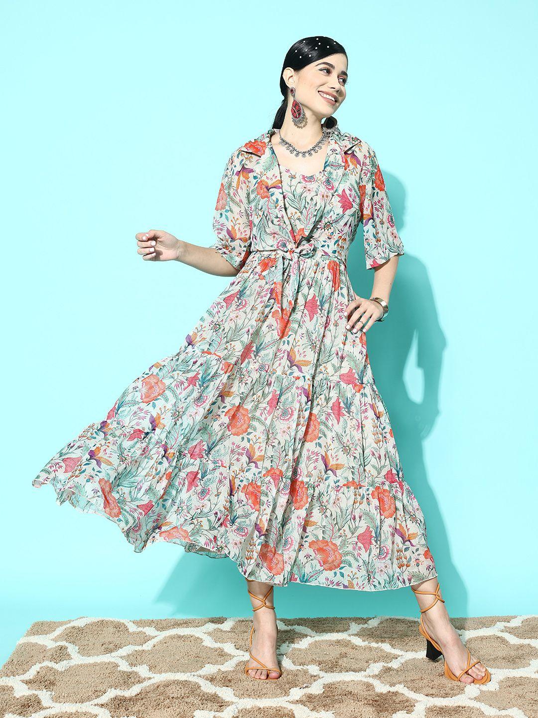 zola floral print chiffon a-line maxi dress with shrug