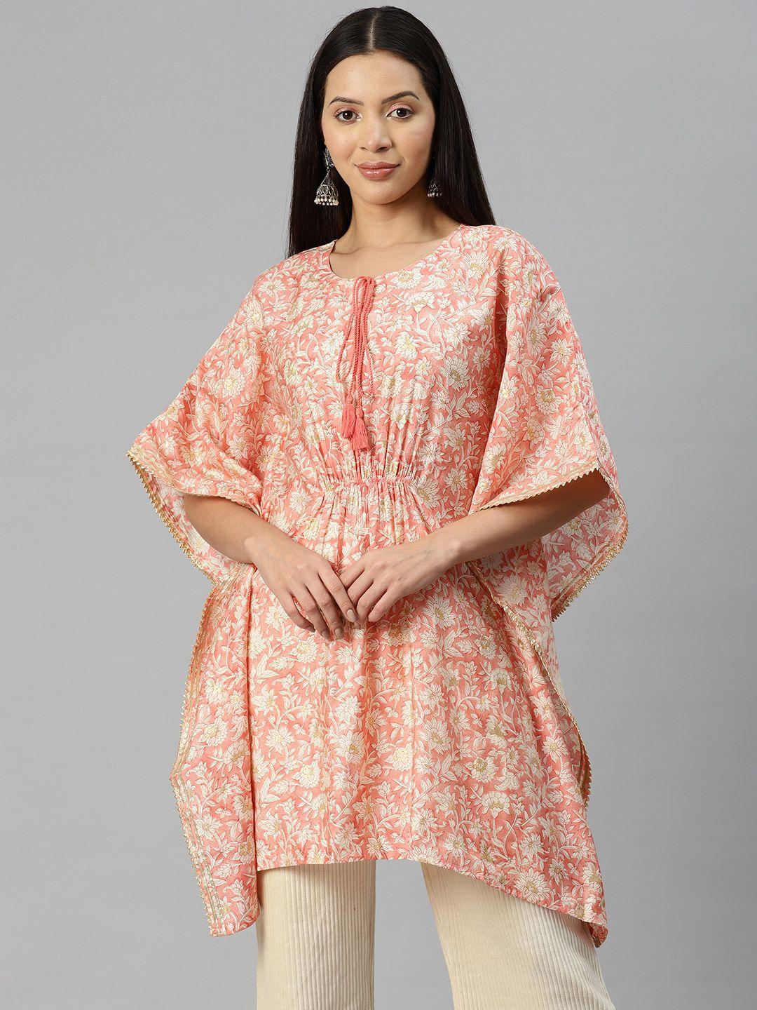 zola floral printed flared sleeves kaftan tie-up neck tunic