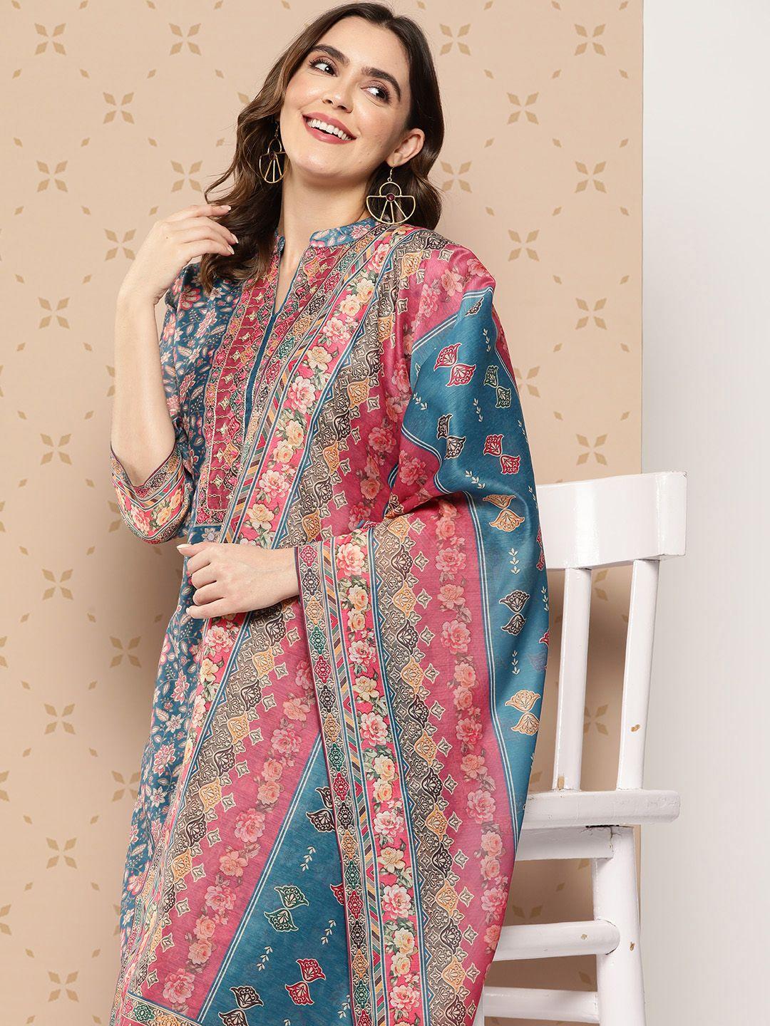 zola floral printed mirror work chanderi silk kurta with trousers & dupatta