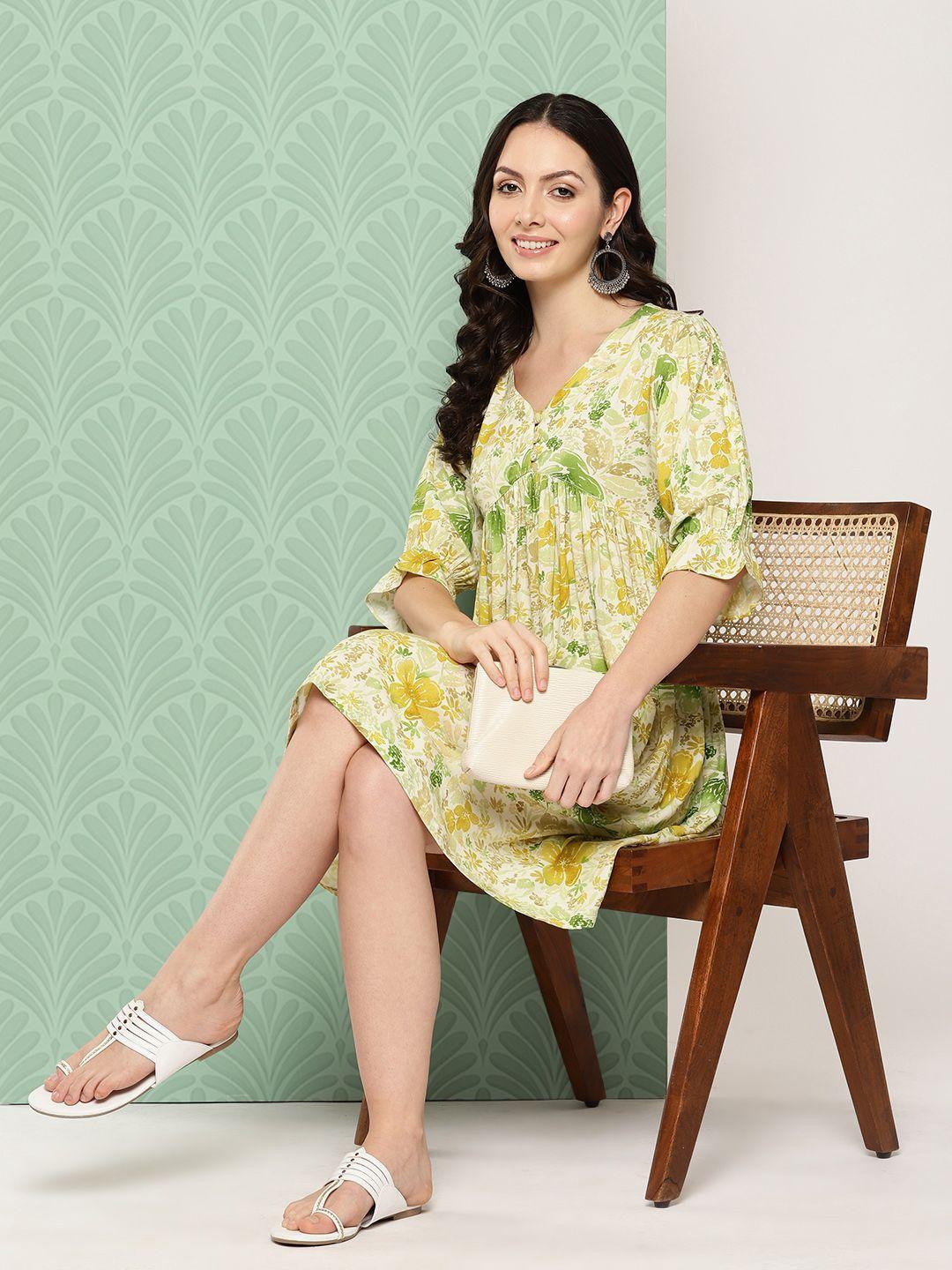 zola green & yellow floral print puff sleeve a-line ethnic dress