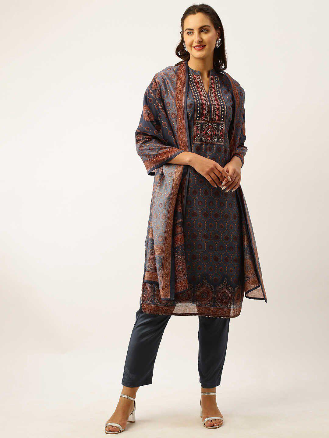 zola grey ethnic motifs printed chanderi silk kurta with trousers & dupatta