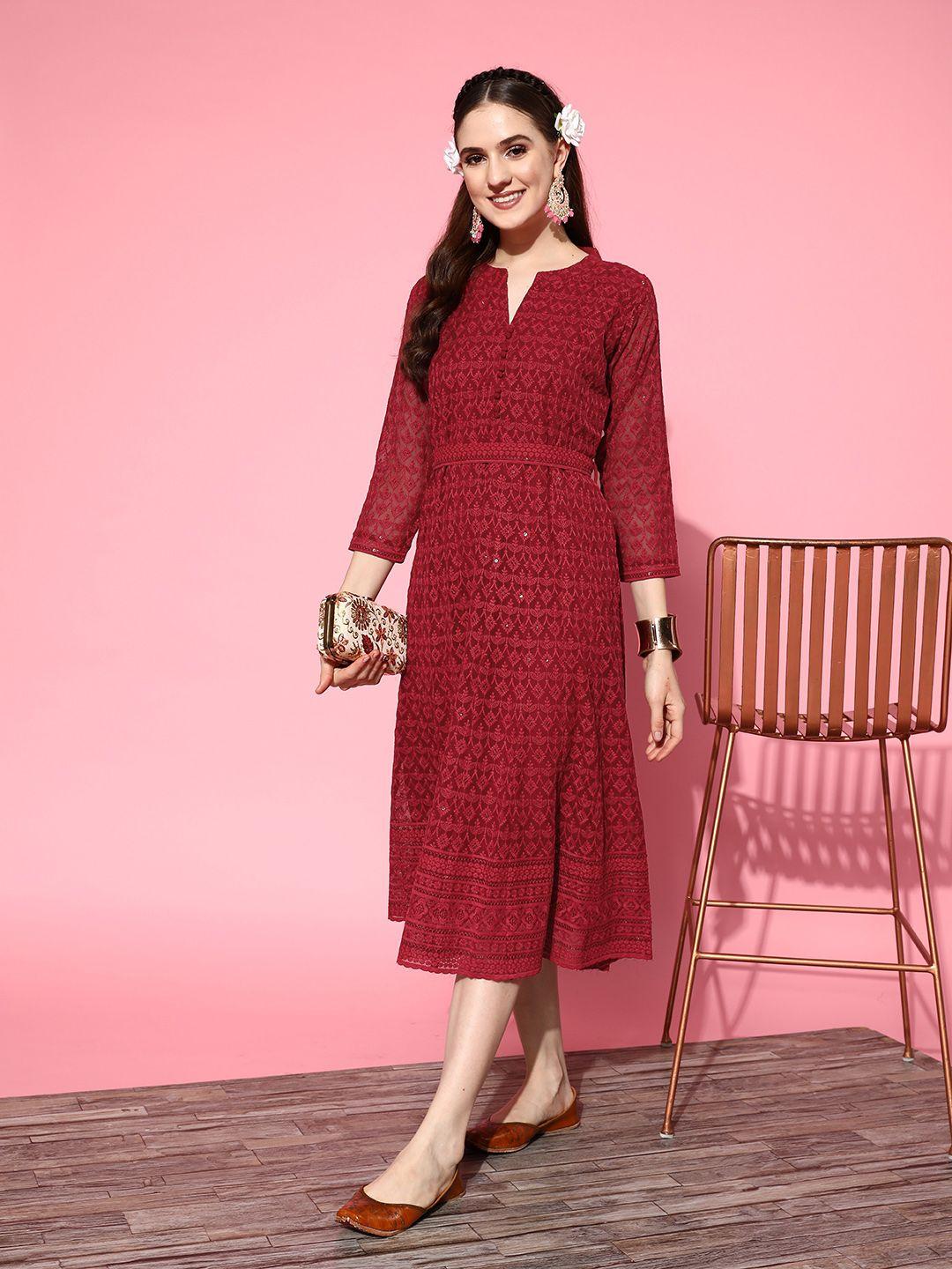 zola maroon ethnic motifs embroidered georgette ethnic a-line midi dress