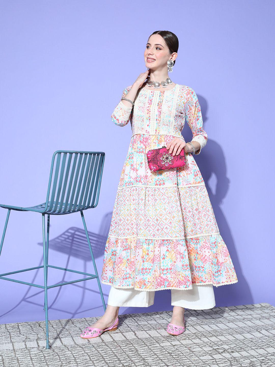 zola multicoloured abstract printed laced georgette kurta