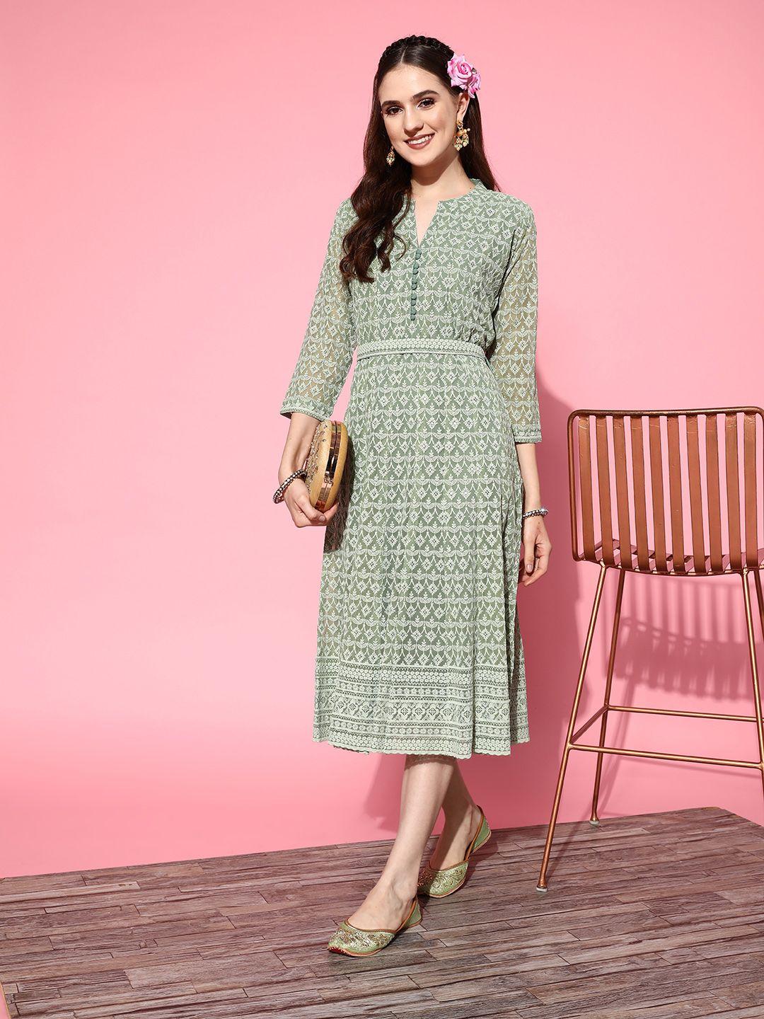 zola olive green embroidered georgette ethnic a-line midi dress