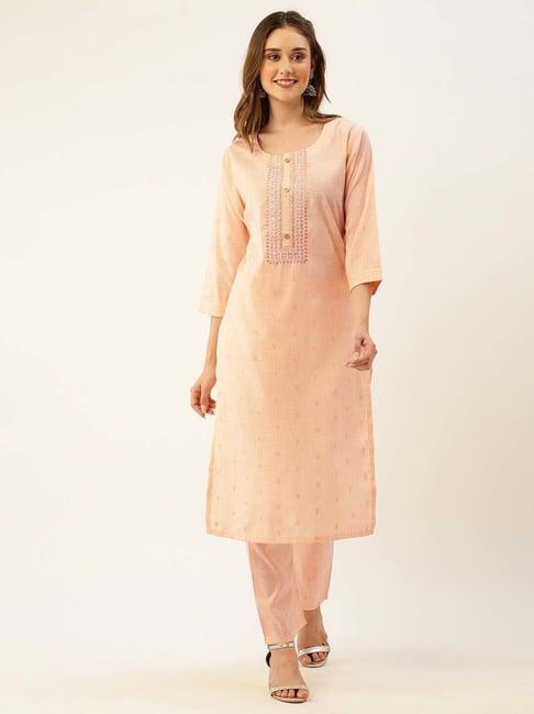 zola peach cotton embroidered kurta pant set