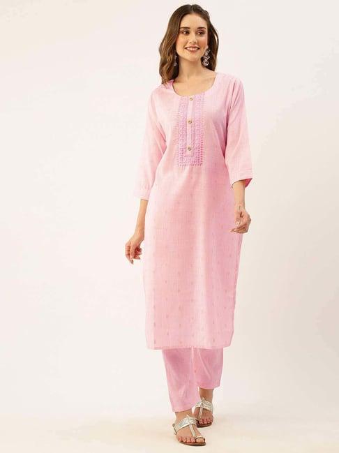 zola pink cotton embroidered kurta pant set