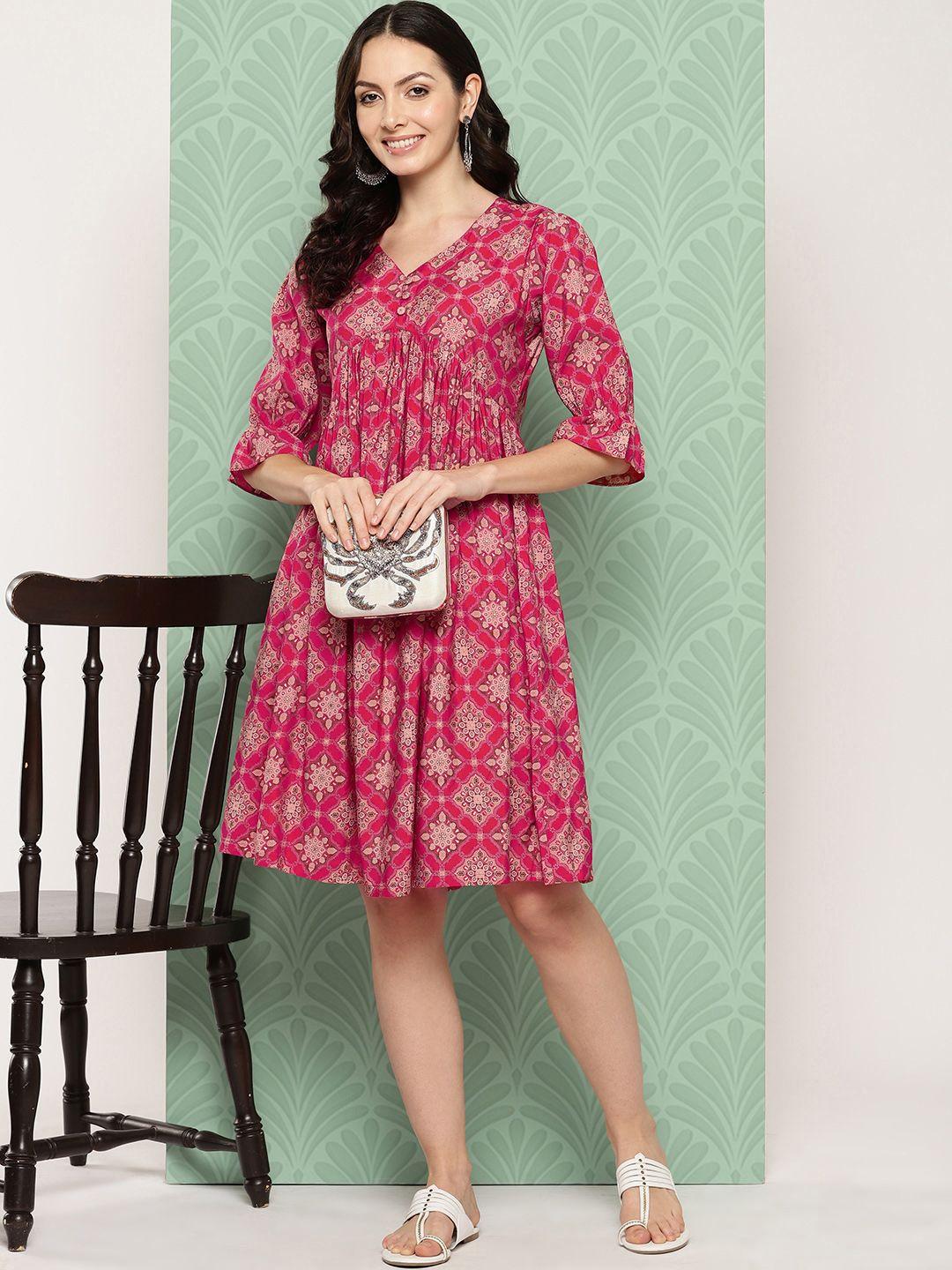 zola pink ethnic motifs print puff sleeve a-line dress