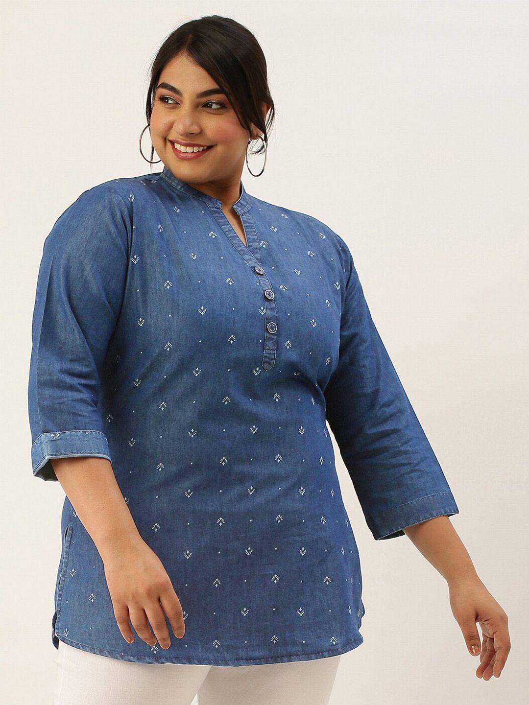 zola plus ethnic motifs printed mandarin collar pure cotton denim kurti