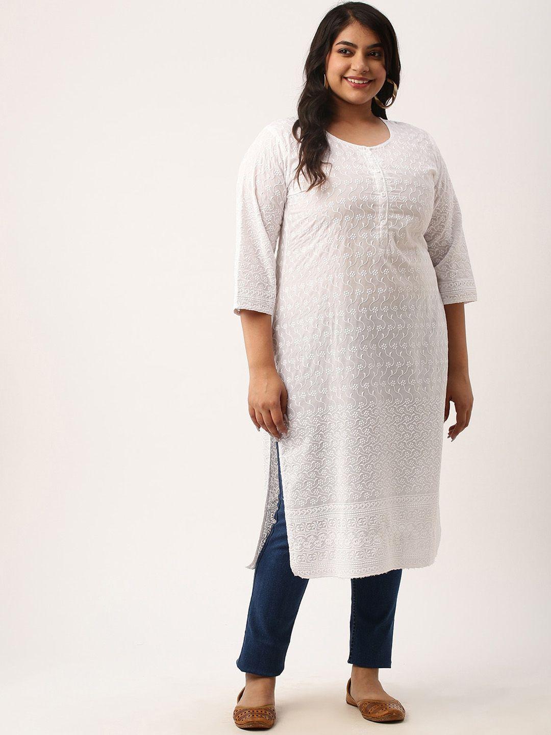 zola plus size floral embroidered chikankari round neck regular fit pure cotton kurta