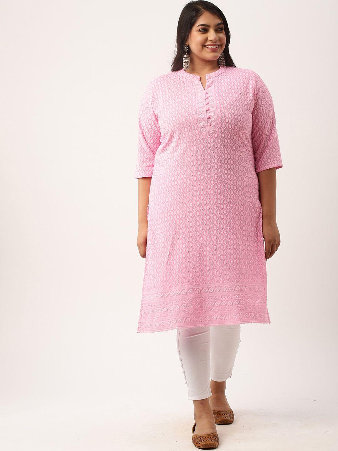 zola plus women pink geometric checked flared sleeves thread work kurta