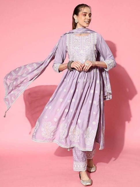 zola purple embroidered kurta pant set with dupatta