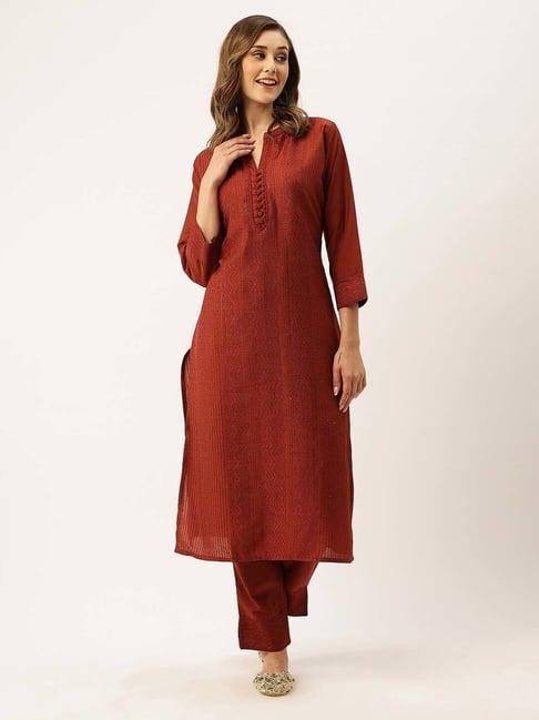 zola rust embroidered kurta pant set