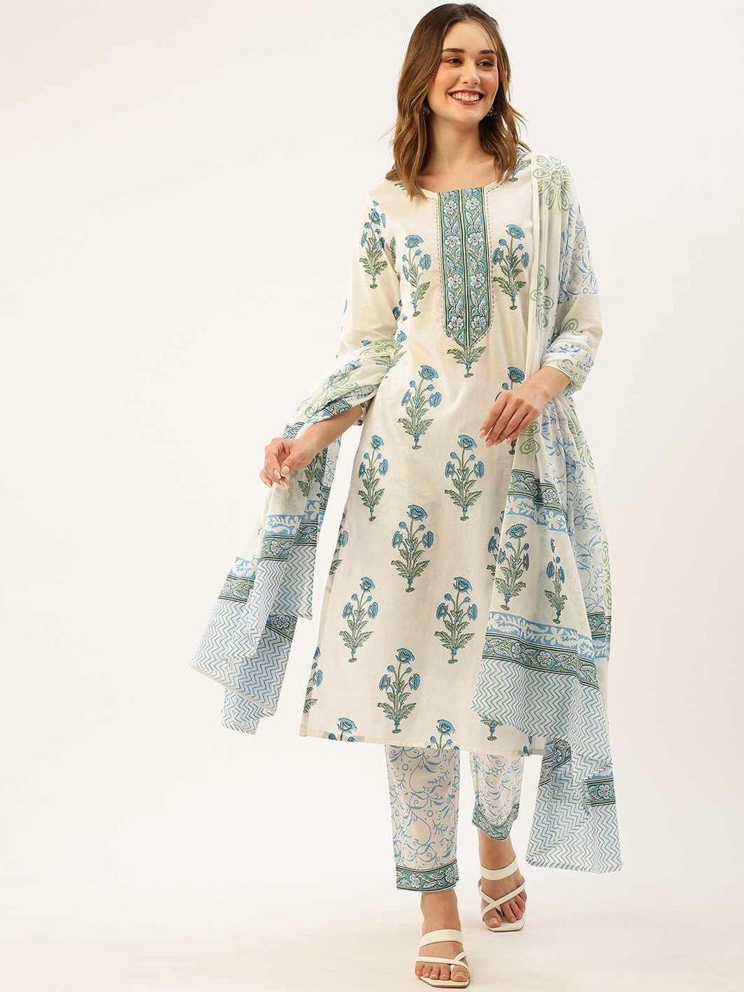 zola white floral printed regular pure cotton kurti with trousers & dupatta