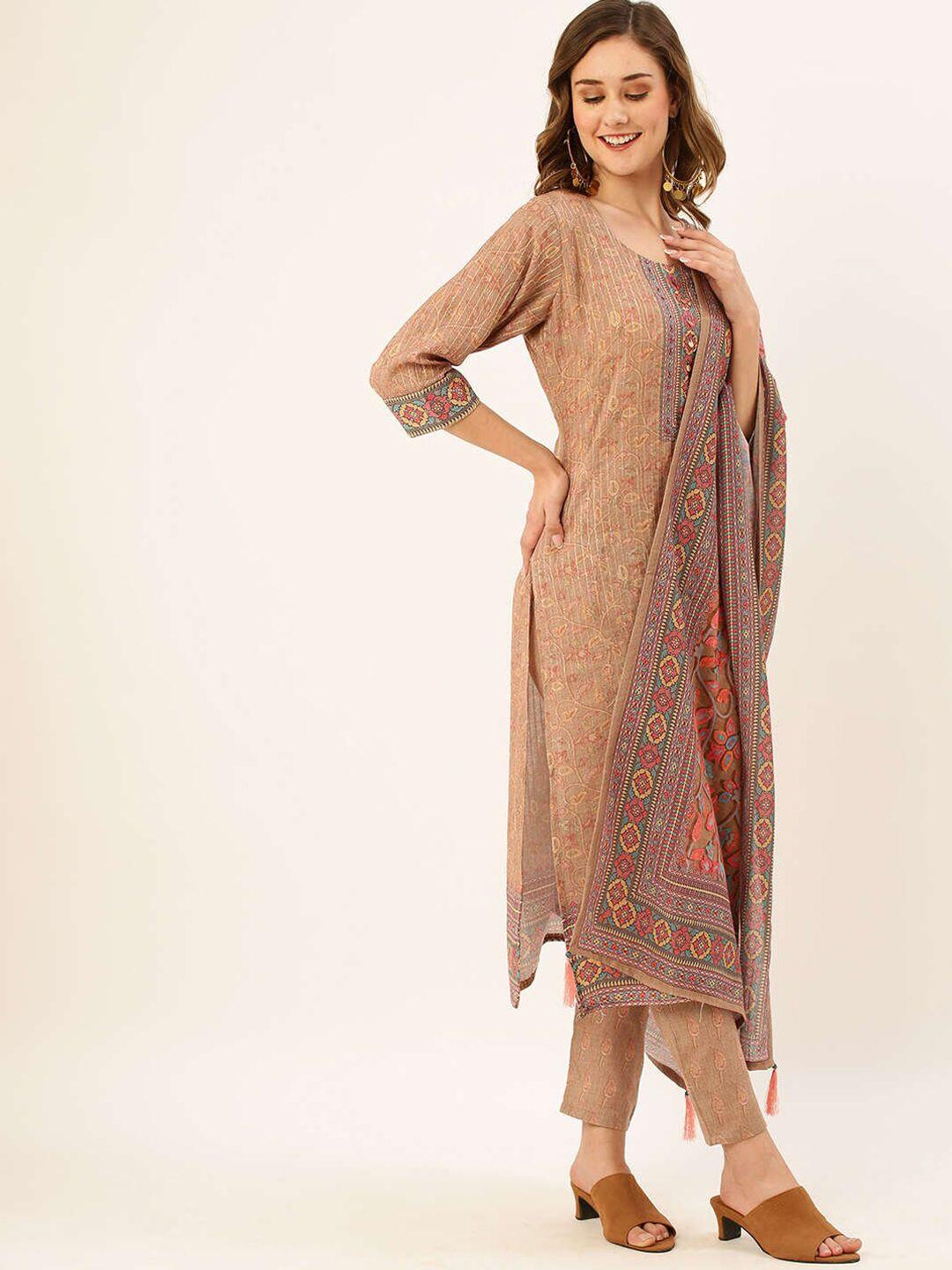 zola women beige ethnic motifs printed regular kurta with trousers & with dupatta