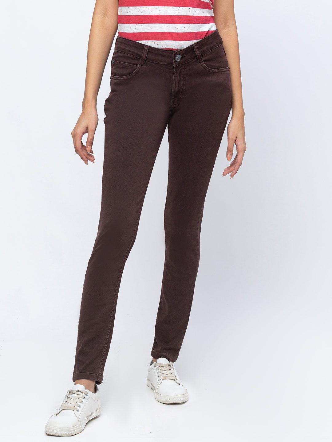 zola women brown coloured slim fit stretchable jeans